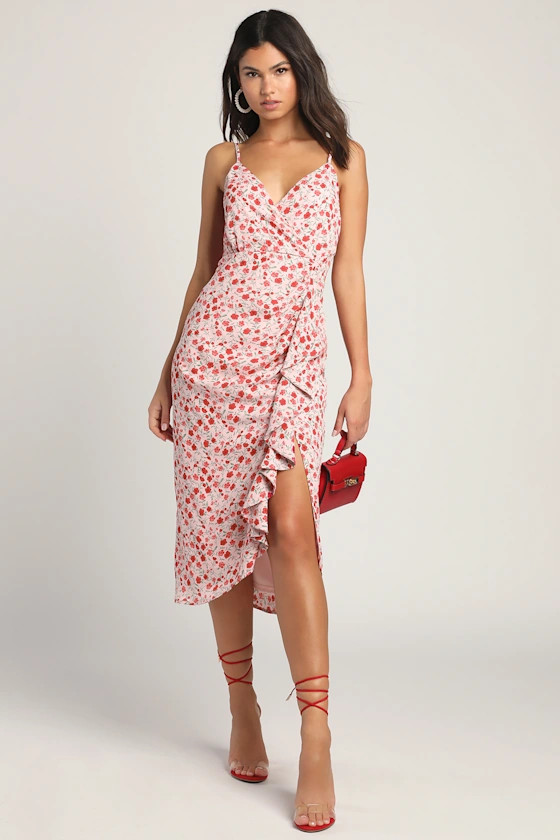 Reason for Romance Pink Floral Print Ruffled Midi Dress | Lulus (US)