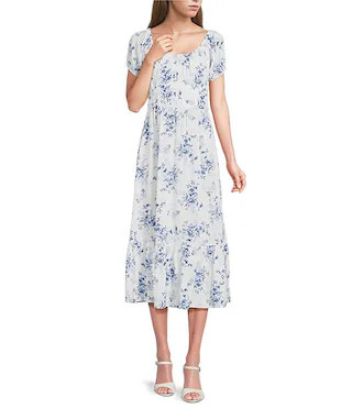 Floral Printed Puff Sleeve Scoop Neck Corset Midi Dress | Dillard's