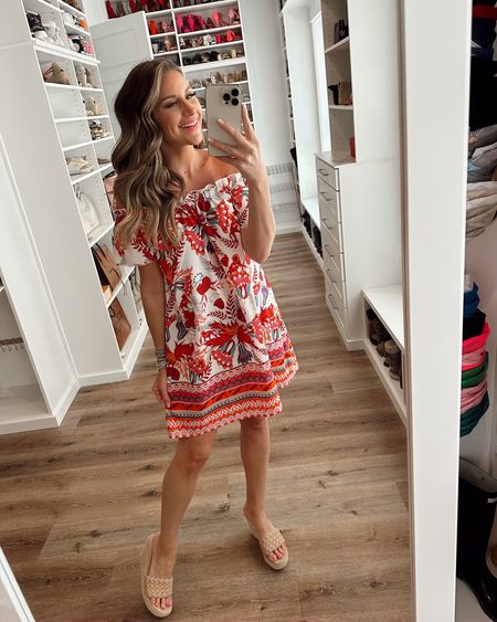 In a small off shoulder floral mini dress, braided espadrille wedges and accessories for spring/summer from amazon - fits TTS.

#LTKSeasonal #LTKstyletip #LTKunder50