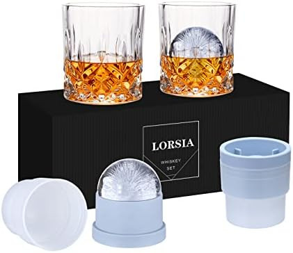 Whiskey Rocks Glass, Set of 4 (2 Crystal Bourbon Glasses, 2 Round Big Ice Ball Molds) In Gift Box... | Amazon (US)