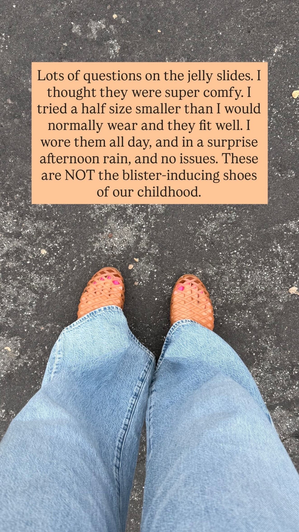 Lots of questions on the jelly slides. I thought they were super comfy. I tried a half size smaller than I would normally wear to a 9.5 and they fit well. I wore them all day, and in a surprise afternoon rain, and no issues. These are NOT the blister-inducing shoes of our childhood.

#LTKOver40 #LTKTall #LTKTravel