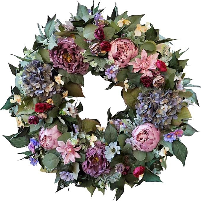 WANNA-CUL 24 Inch Spring Wreath for Front Door Decor with Pink&Purple Peony Floral and Vintage Bl... | Amazon (US)