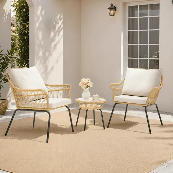 Onbrill 3-Piece Rattan Outdoor Bistro Sets with Glass Table and 2 All-Weather PE Wicker Chairs,Be... | Walmart (US)