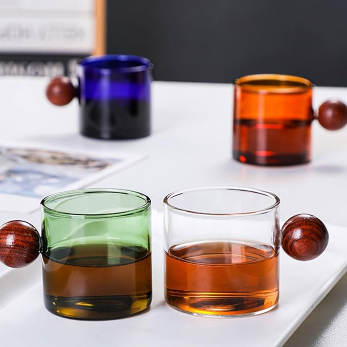 Set of 4 Colored Glass Coffee Mugs, Small Insulated Clear Milk Tea Cups with Sandalwood Handle (1... | Amazon (US)