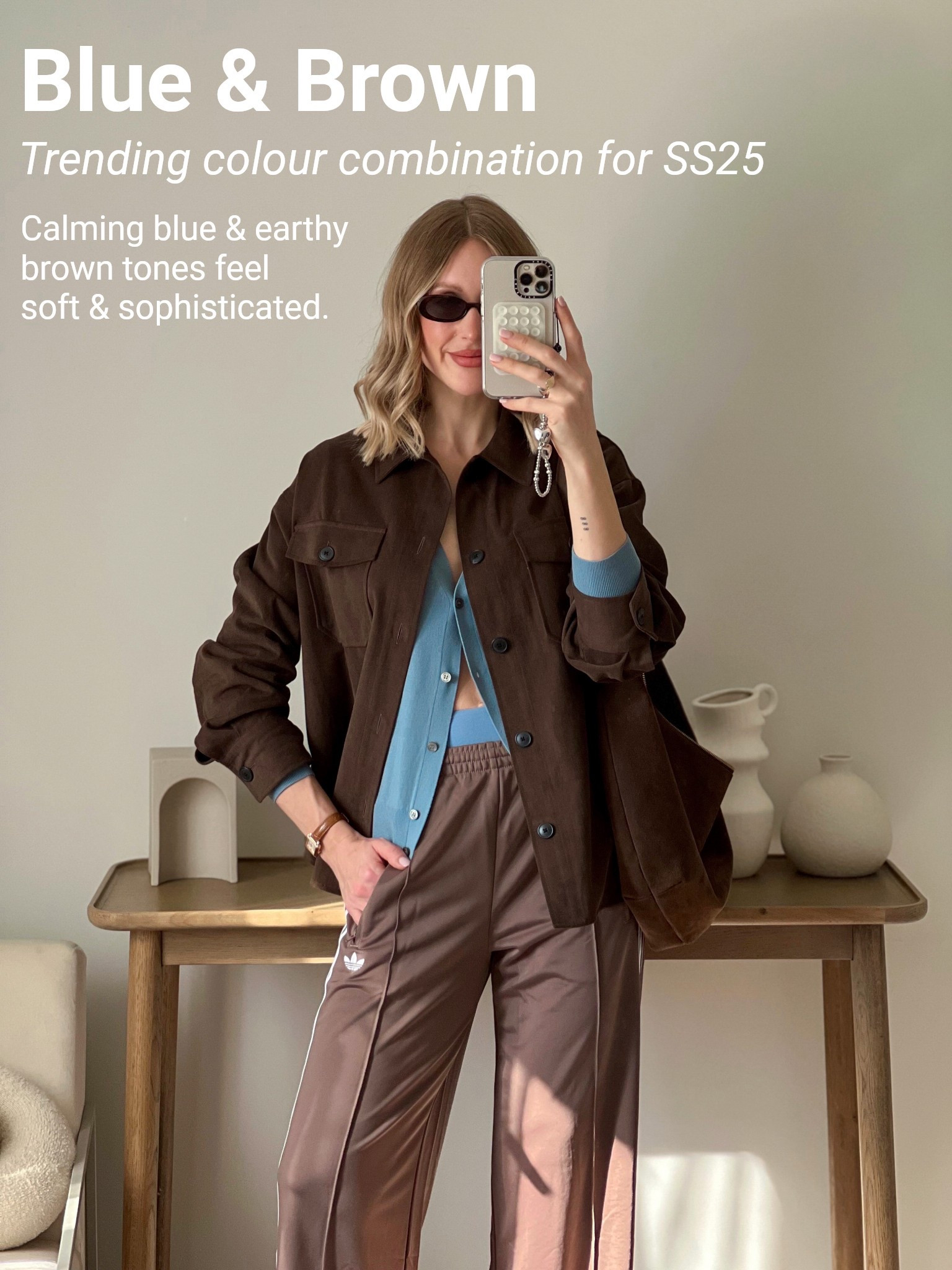 Trending colour combination, spring trends, adidas track pants, adidas firebird, loungewear, blue cardigan, theory, lulu lemon, WNU, brown overshirt, shacket, spring jacket, le specs sunglasses, oval sunglasses, brown outfit, 90s casual 

#LTKuk #LTKstyletip #LTKspring