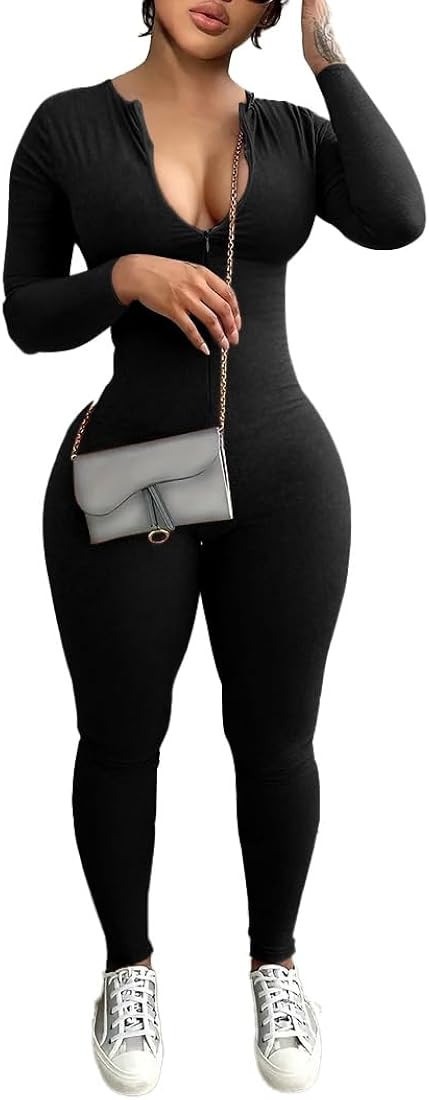 Mrskoala Women Long Sleeve Bodycon Jumpsuit One Piece Zip Up Romper | Amazon (US)