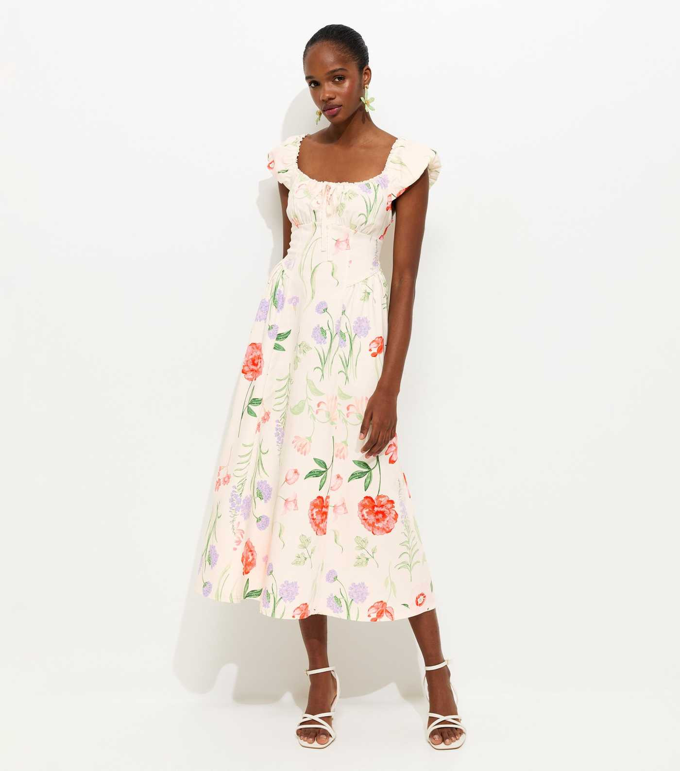 White Floral Print Corset Midi Dress | New Look | New Look (UK)