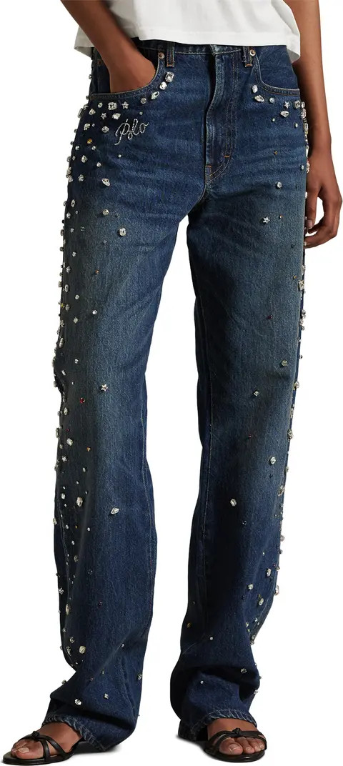 Rhinestone Embellished High Waist Relaxed Straight Leg Jeans | Nordstrom