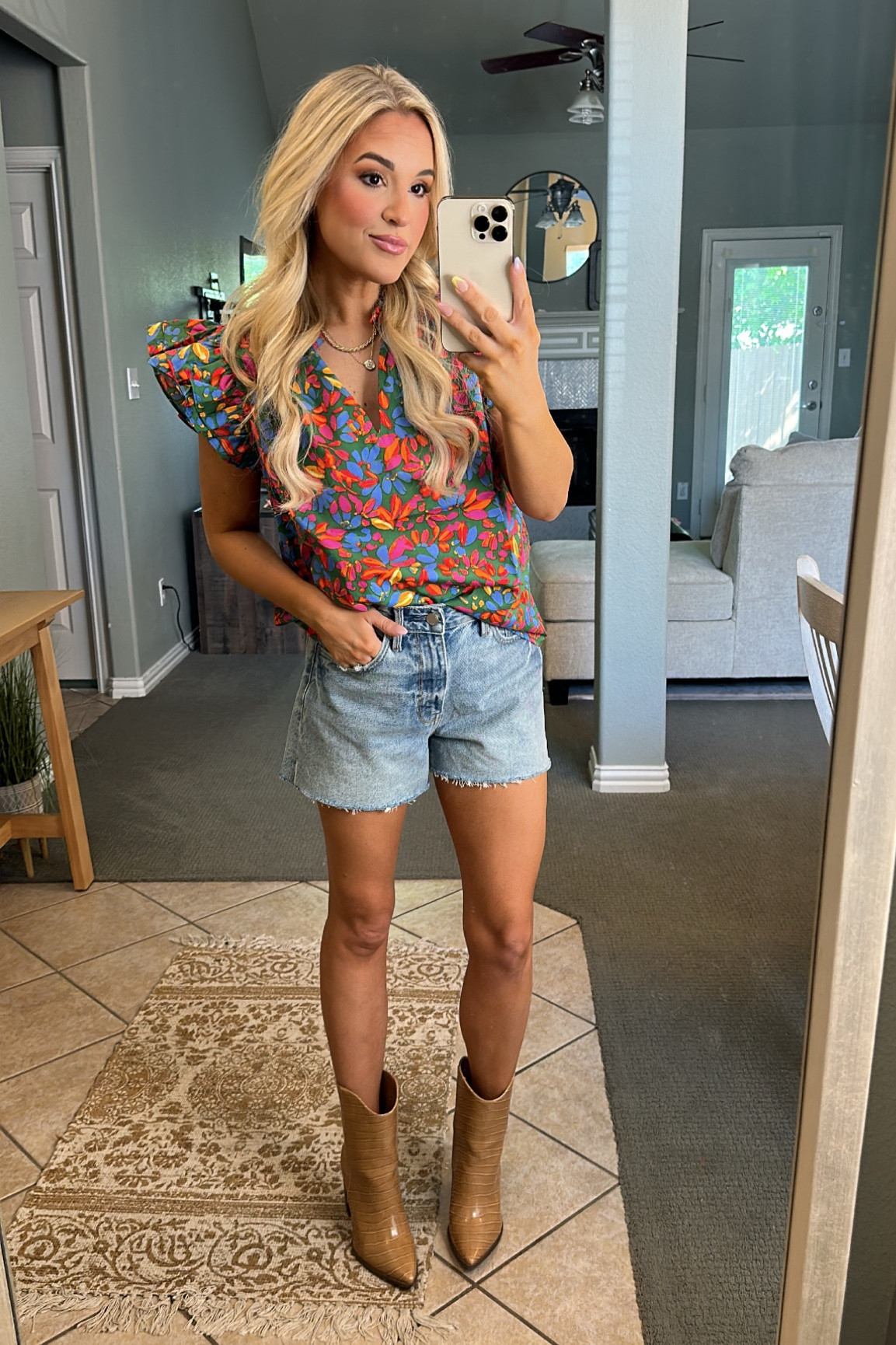 Vacation outfit. Workwear outfit. Floral top. Cute floral tops. Casual outfit. Spring outfits. Western boots. Concert outfits. 

#LTKunder50 #LTKtravel #LTKstyletip