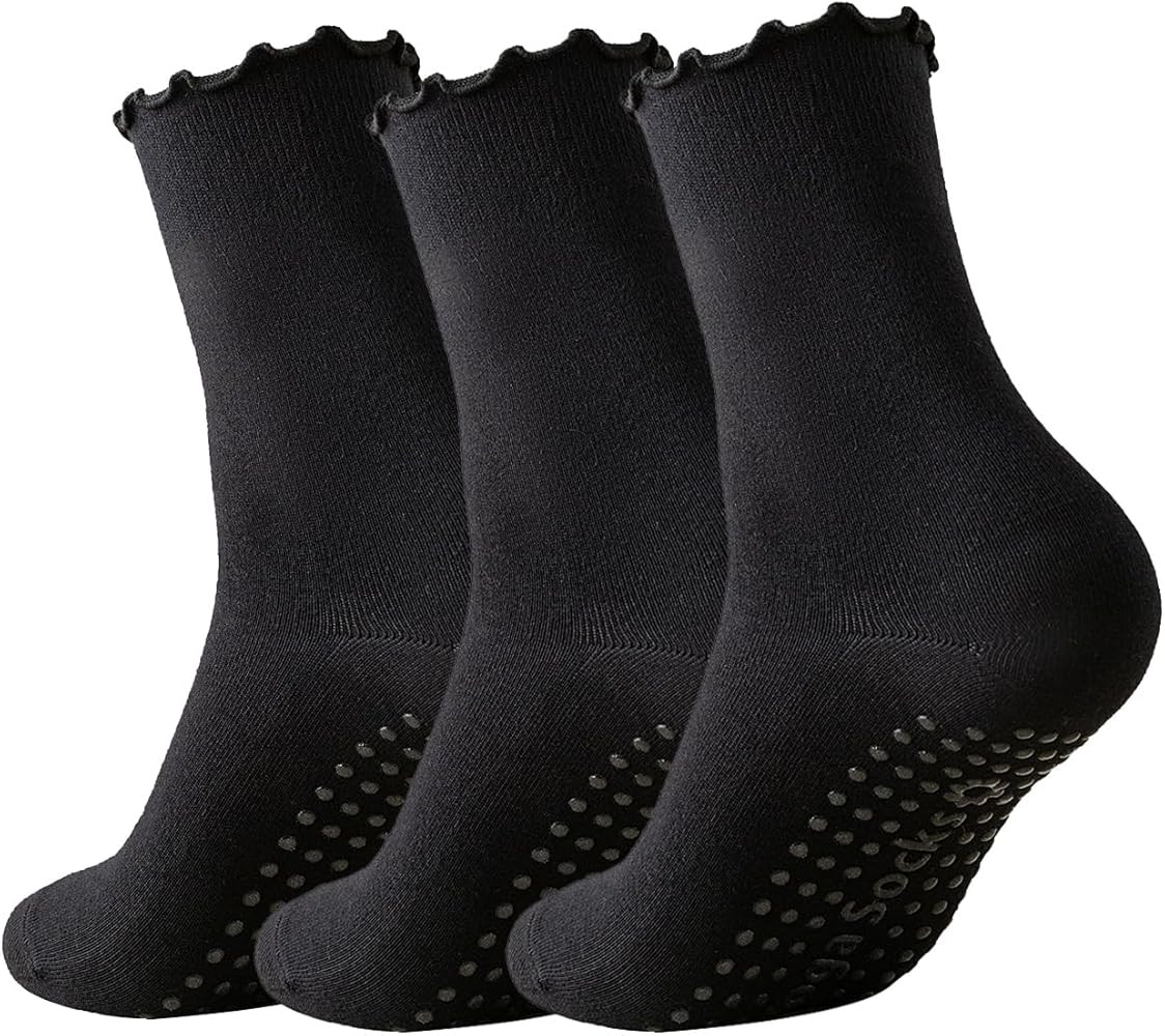3 Pairs Pilates Socks with Grips Non-slip Ruffle Yoga Socks Grip Socks for Women | Amazon (US)