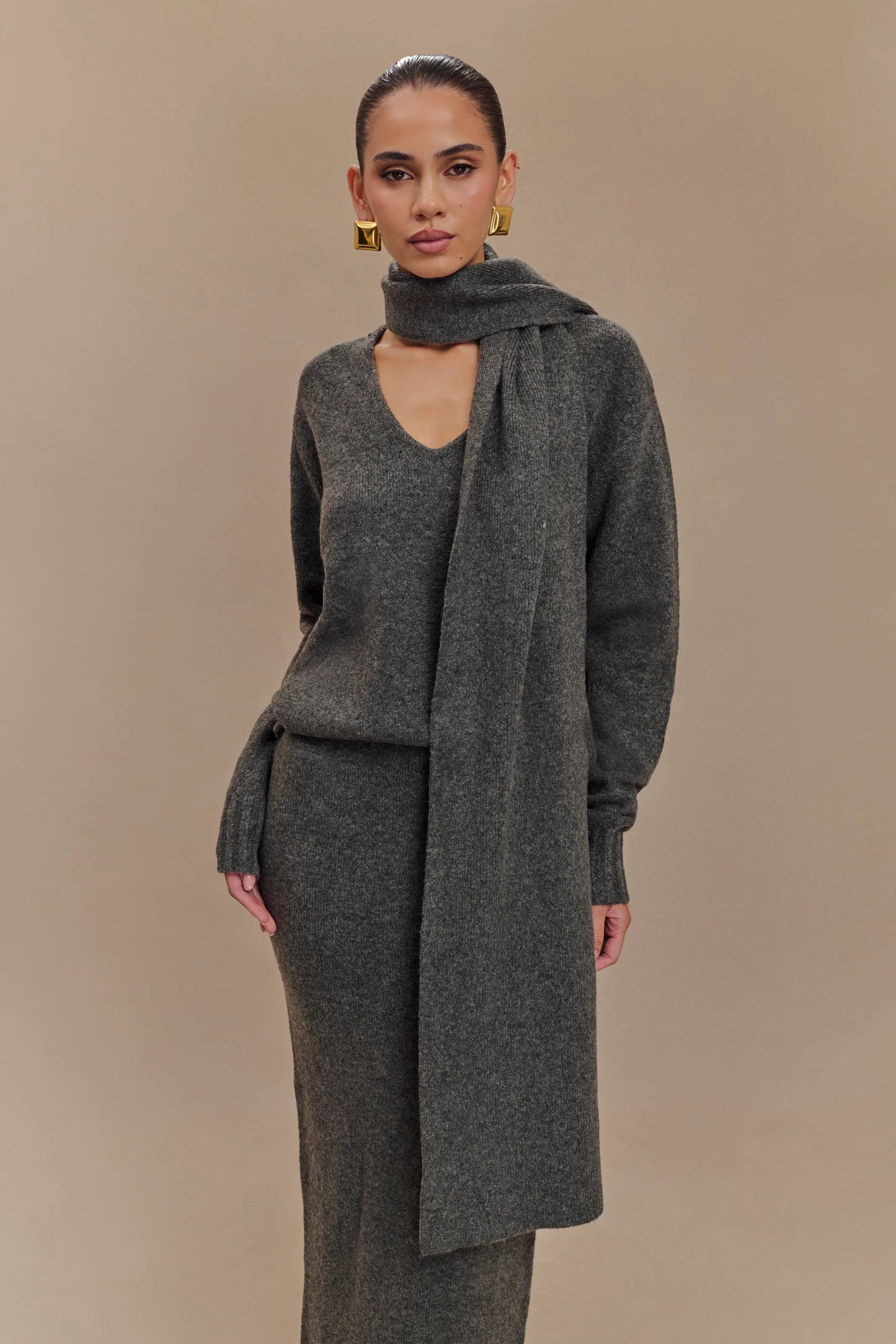 Ella V Neck Knit Jumper With Scarf - Charcoal Marle | MESHKI US