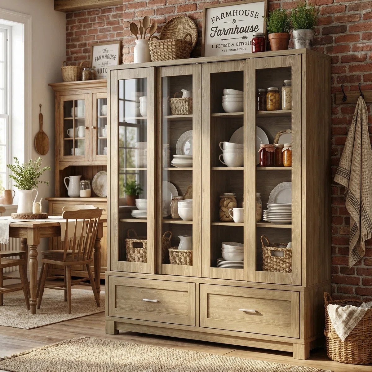 74"H Pantry Cabinet With 4 Sliding Glass Doors & 2 Drawers | Wayfair North America