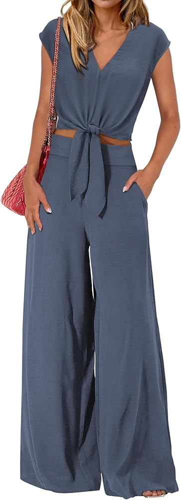 PRETTYGARDEN Women's Summer 2 Piece Outfits 2026 Cap Sleeve V Neck Belted Crop Tops Wide Leg Pant... | Amazon (US)