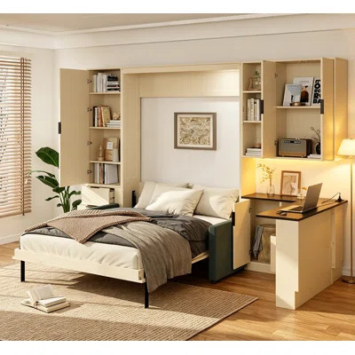 Queen Wall Murphy Bed with Hydraulic Storage, Sofa, Shelves & Drawers, LED/USB Lightin | Wayfair North America