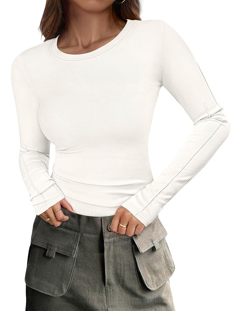 ANRABESS Womens Long Sleeve Shirts Crew Neck Fitted Knit Casual T-Shirt Going Out Tops Basic Tees... | Amazon (US)