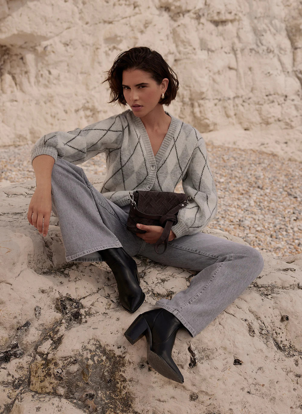 Grey Argyle Print Cardigan | Mint Velvet