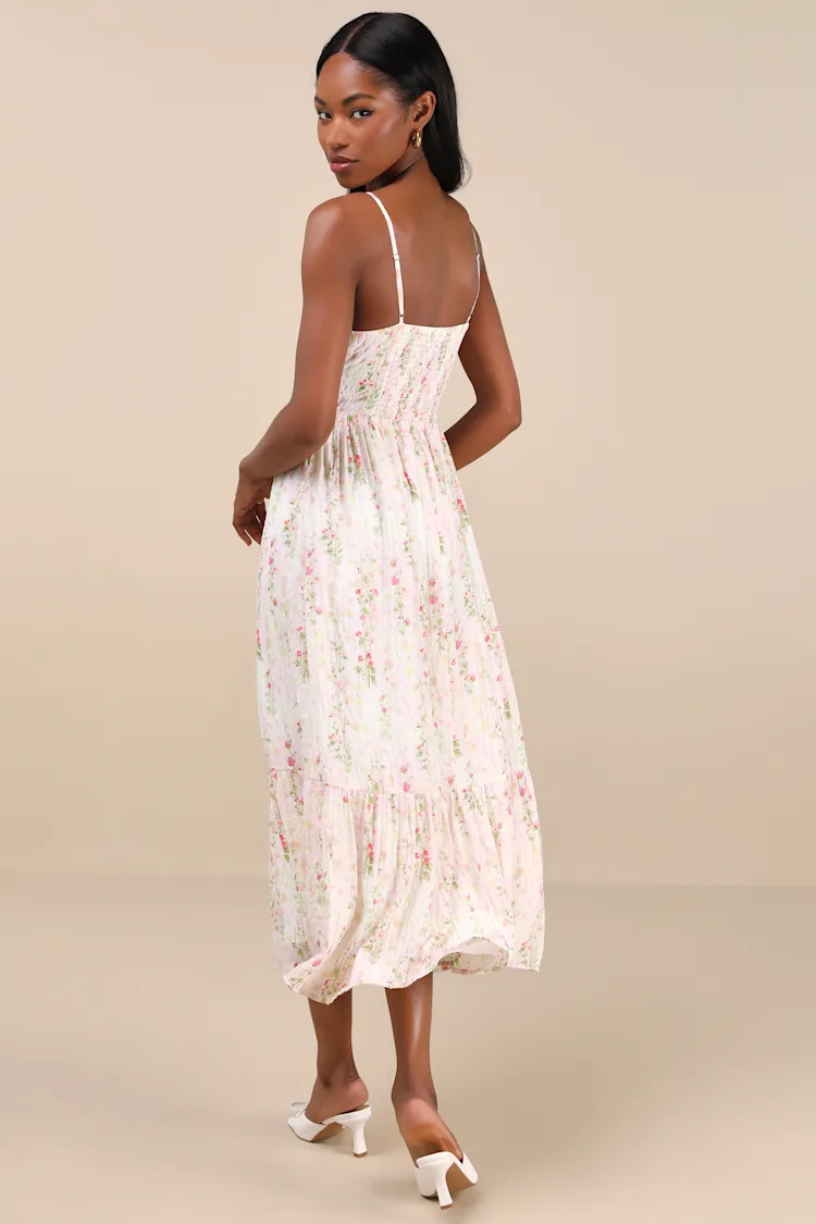 Sandi Ivory Multi Floral Tie-Front Midi Dress | Lulus