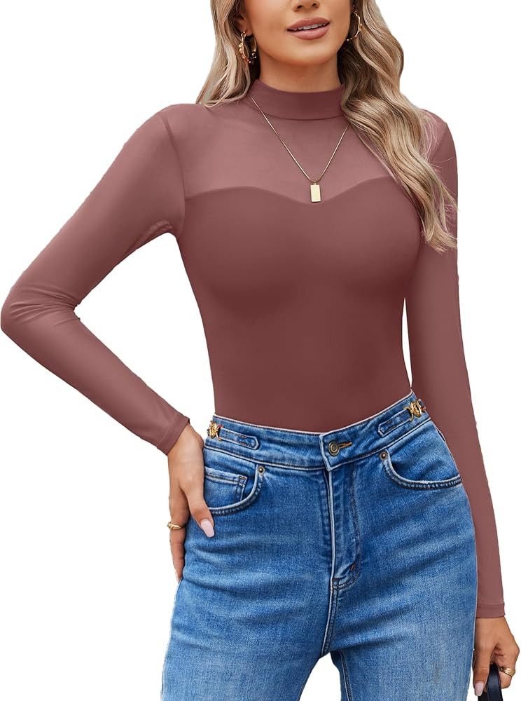 Avidlove Long Sleeve Bodysuits for Women Mock Neck Sheer Mesh Sleeve Bodysuit Double Lined Leotar... | Amazon (US)