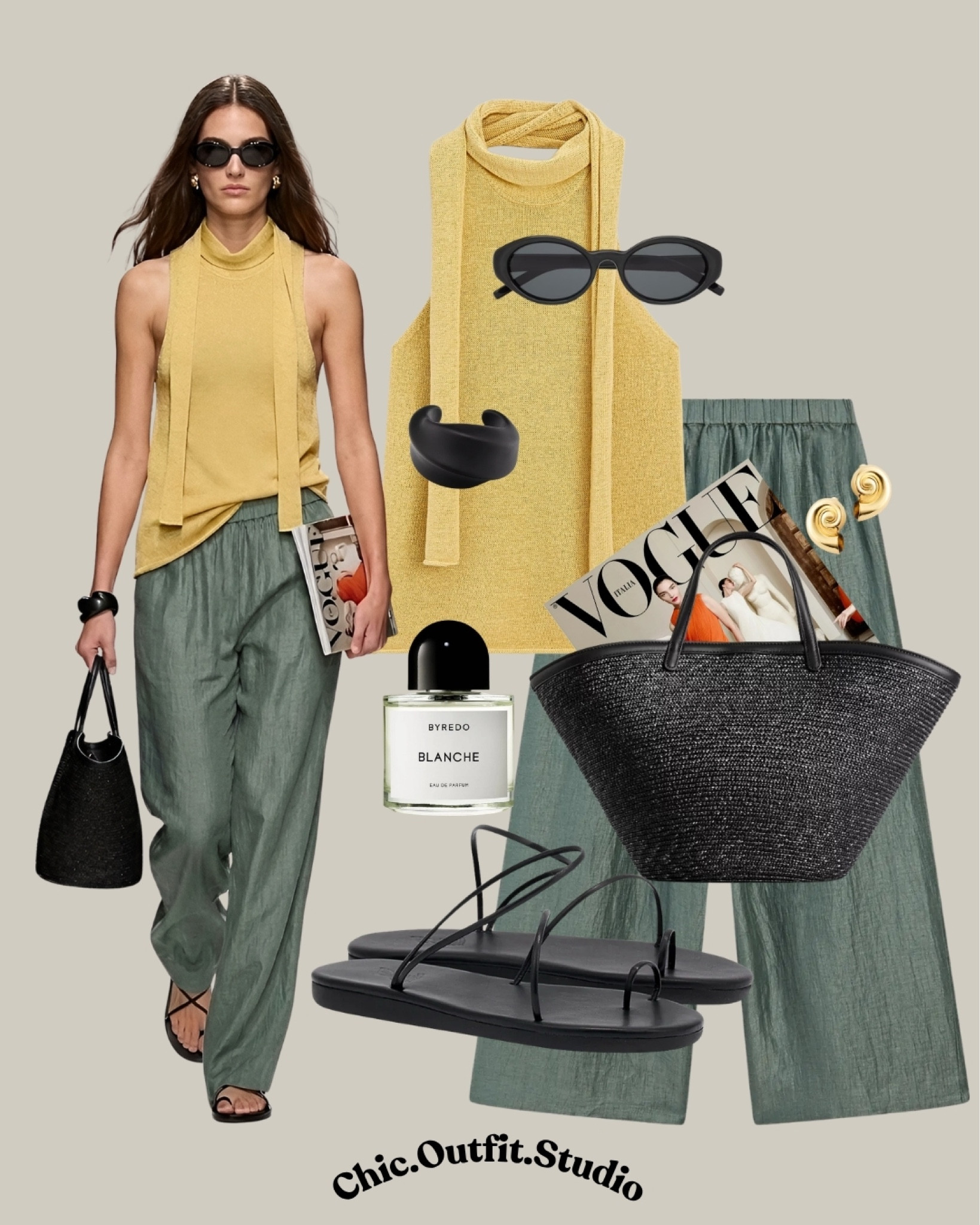 
Relaxed Coastal Minimalism

✨This linen haltertop top with tie detail paired with sage green relaxed trousers creates the perfect understated summer outfit for hot days. Styled with black minimal accessories, flip flops, and an oversized woven tote, this look feels modern, relaxed, and effortlessly chic. 
✨ Ideal for beach towns, summer errands, travel days, casual dinners, airport outfits, or relaxed city walks when you still want to look elevated and stylish.

✨Tags: yellow top outfit women, sage green trousers outfit, relaxed summer outfit, coastal grandmother style, effortless warm weather outfit, minimalist vacation style, chic casual summer outfit, European summer outfit women, relaxed luxury outfit, classy airport outfit women, linen style trousers outfit, woven tote summer look, elegant casual vacation outfit, neutral summer fashion, elevated basics outfit

#LTKsummer #LTKshoes #LTKbag