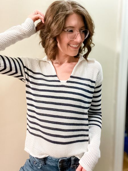 Cutest crochet stripped collared sweater :: TTS   Wearing xs

#LTKfindsunder50 #LTKsalealert #LTKstyletip