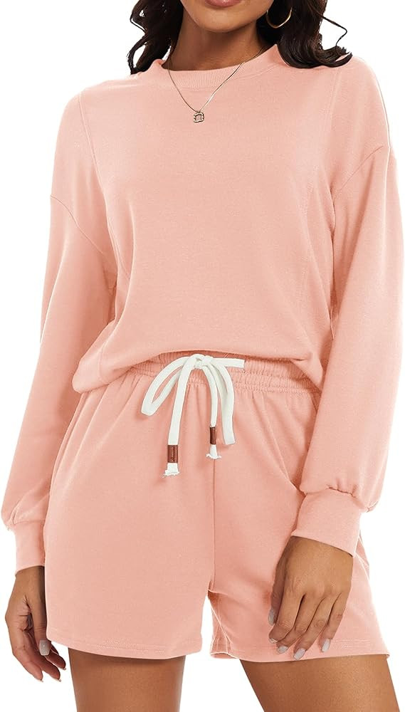 Micoson Womens 2 Piece Outfits Lounge Set Long Sleeve Tops and Shorts Loungewear Set with Pockets | Amazon (US)