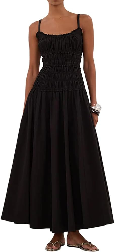 Women Spaghetti Strap Maxi Dress Sleeveless Smocked Summer Dresses Ruffle Tiered Flowy Beach Vaca... | Amazon (US)