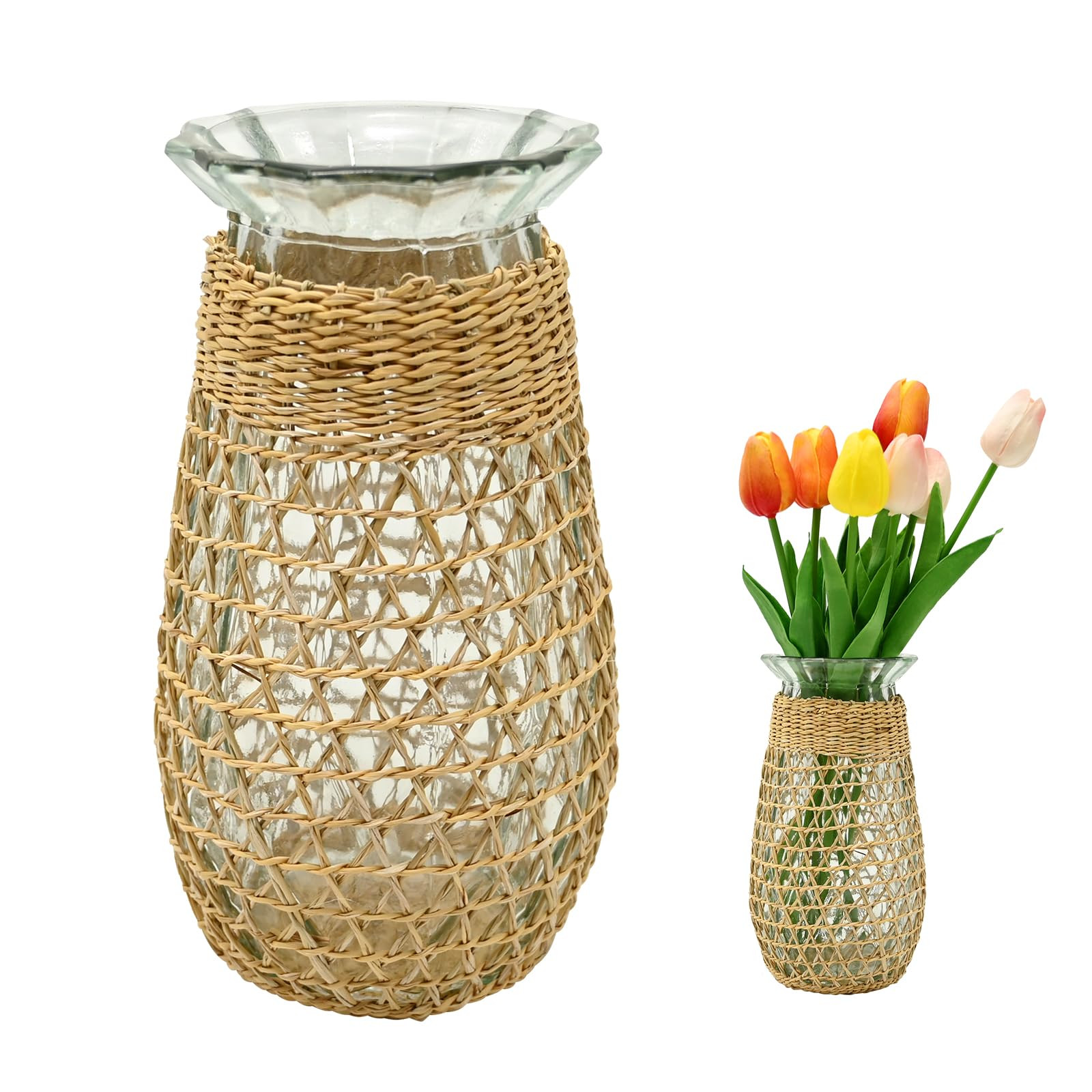 Flower Vase with Rattan Woven Cover, Rattan Clear Vase Boho Glass Flower Bud Vase Flower Vase Far... | Amazon (US)