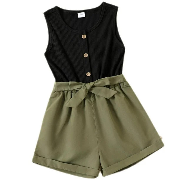 PatPat  Kid Girl Summer Romper Bodysuit Button Design Sleeveless Belted Romper Jumpsuit Shorts Ou... | Walmart (US)