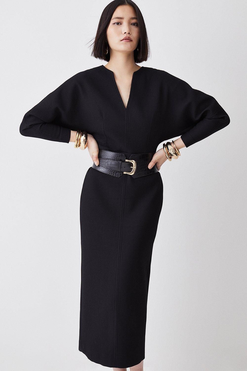 Tailored Textured Rounded Sleeve Midi Dress | Karen Millen US