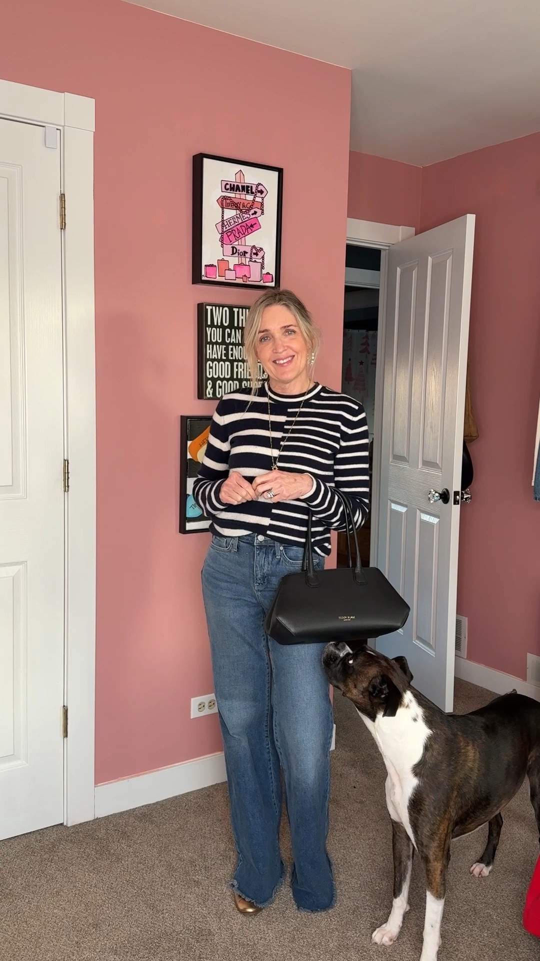 Cozy winter outfit idea. Banana Republic cashmere sweater on sale! Wearing small. NYDJ palazzo jeans size 00. Birdies flats run true to size. 

Winter outfits, striped sweater, wide leg denim, mom looks, fashion over 40




#LTKSeasonal #LTKFindsUnder100 #LTKOver40