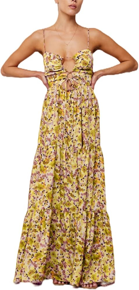 Women's Y2K Cami Long Dress Sleeveless Spaghetti Strap Cross Tie-up Front Floral Print Beach Dres... | Amazon (US)