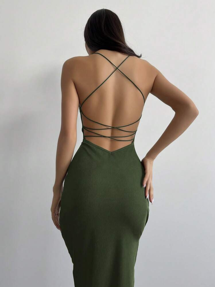 Aloruh Women's Minimalist Sexy Backless Lace-Up Side Slit Mid-Length Dress,Summer Dresses For Wom... | SHEIN