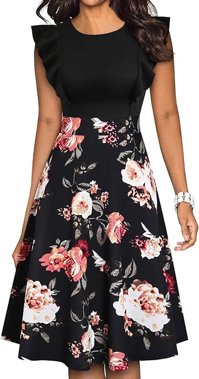 YATHON Women's Vintage Ruffle Floral Flared A Line Swing Casual Cocktail Party Dresses | Amazon (US)