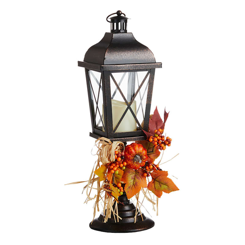 Homespun Harvest Rustic Metal Lantern With Pumpkins 19In At Home, Black | At Home