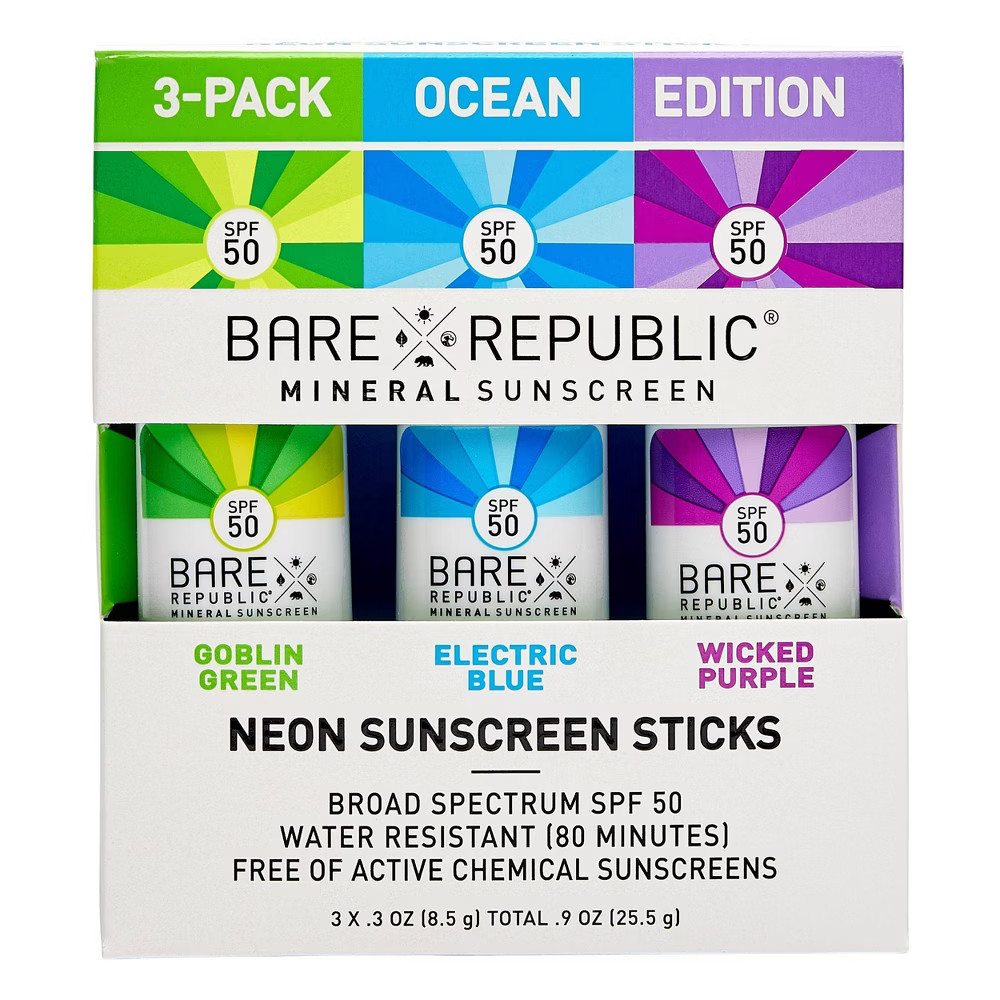 Bare Republic Mineral Ocean Sunscreen Neon Stick - SPF 50 - 3ct/0.9oz | Target