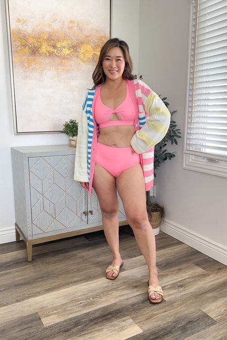 Pink Lily Sale
Swimsuit Top: Small
Swimsuit Bottom: Medium
Cardigan: Mediumm