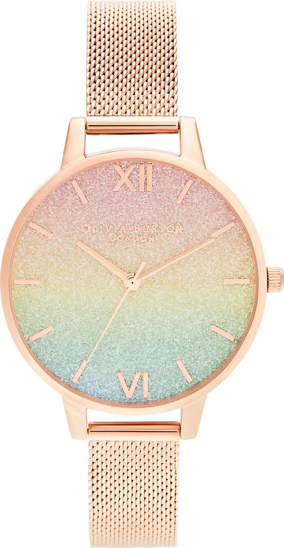 Olivia Burton Rainbow Glitter Dial Mesh Strap Watch, 34mm | Nordstrom | Nordstrom