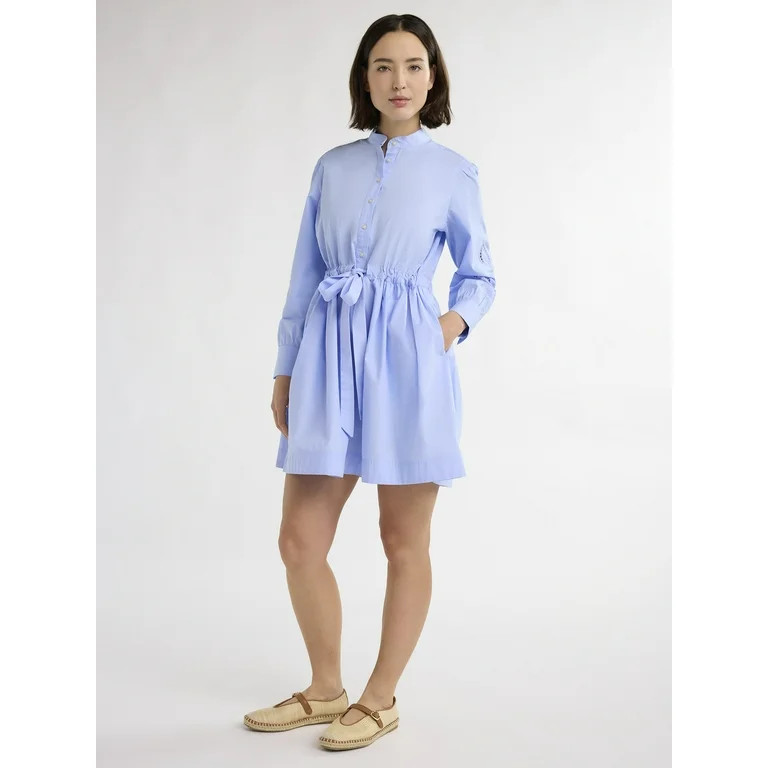 Free Assembly Women’s Cotton Tie Front Mini Dress with Long Sleeves, Sizes XS-XXXL | Walmart (US)