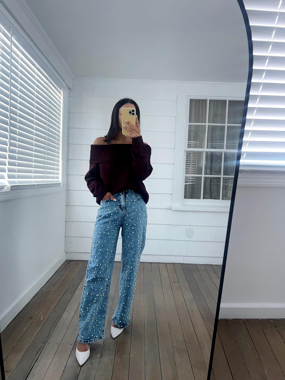 Valentines day outfit- pants in XS, heels true to size, sweater in S. Pearl jeans/off the shoulder sweater/white heels.  
 

 #LTKPetite #LTKFindsUnder50