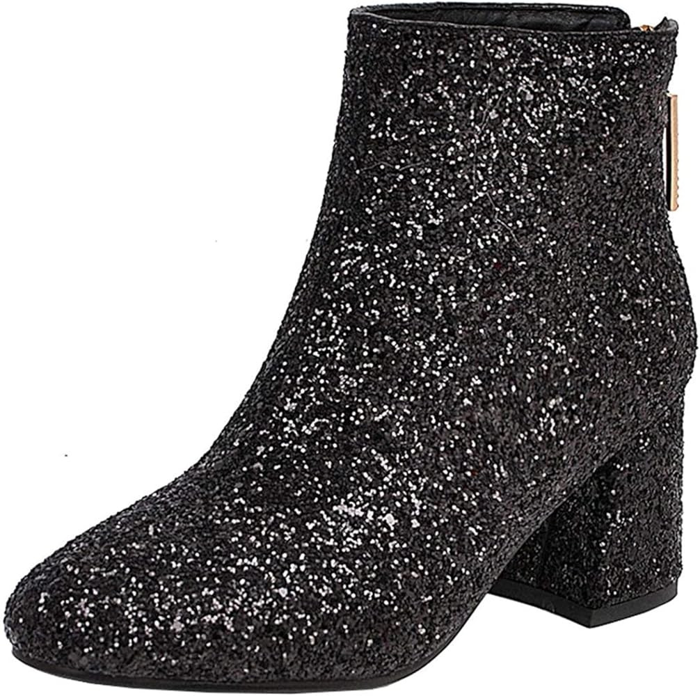 HECOLT Women's Sequin Glitter Ankle Boots Chunky Heels Sparkly Booties Rave Glitter Boots | Amazon (US)