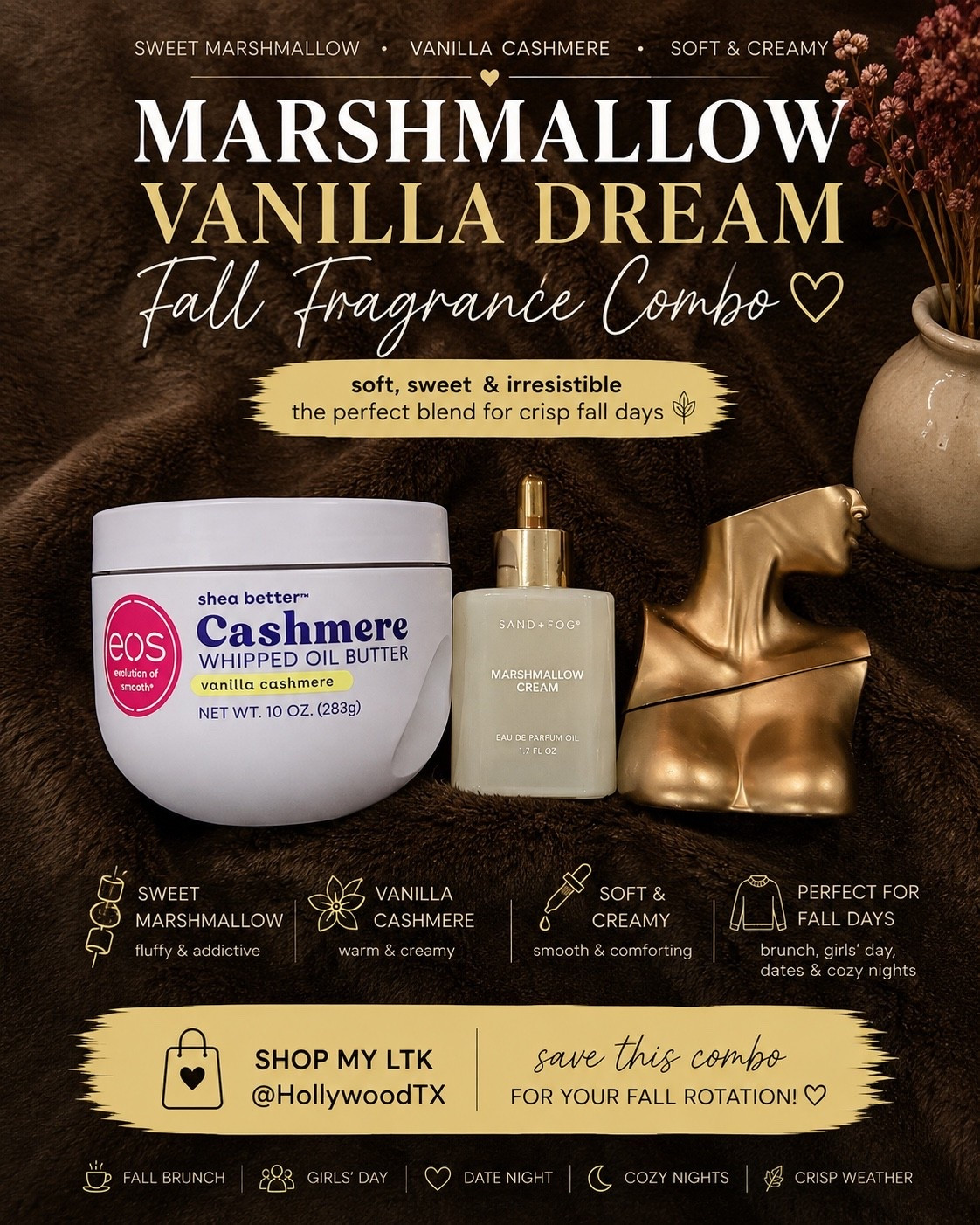 🍂🤎 Sweet, creamy and made for fall.

I layered EOS Vanilla Cashmere Whipped Oil Butter + Sand + Fog Marshmallow Cream + Billie Eilish Eilish for a fluffy marshmallow and warm vanilla combo that smells sweet, smooth and downright delicious.

This is an easy reach for fall brunch, girls’ day, casual dates, shopping or those crisp-weather days when you want to smell GOOD without doing too much. ✨

Save this combo for your fall rotation and shop all three on my LTK! 🛍️

#LTKgrwm #LTKSeasonal #LTKBeauty