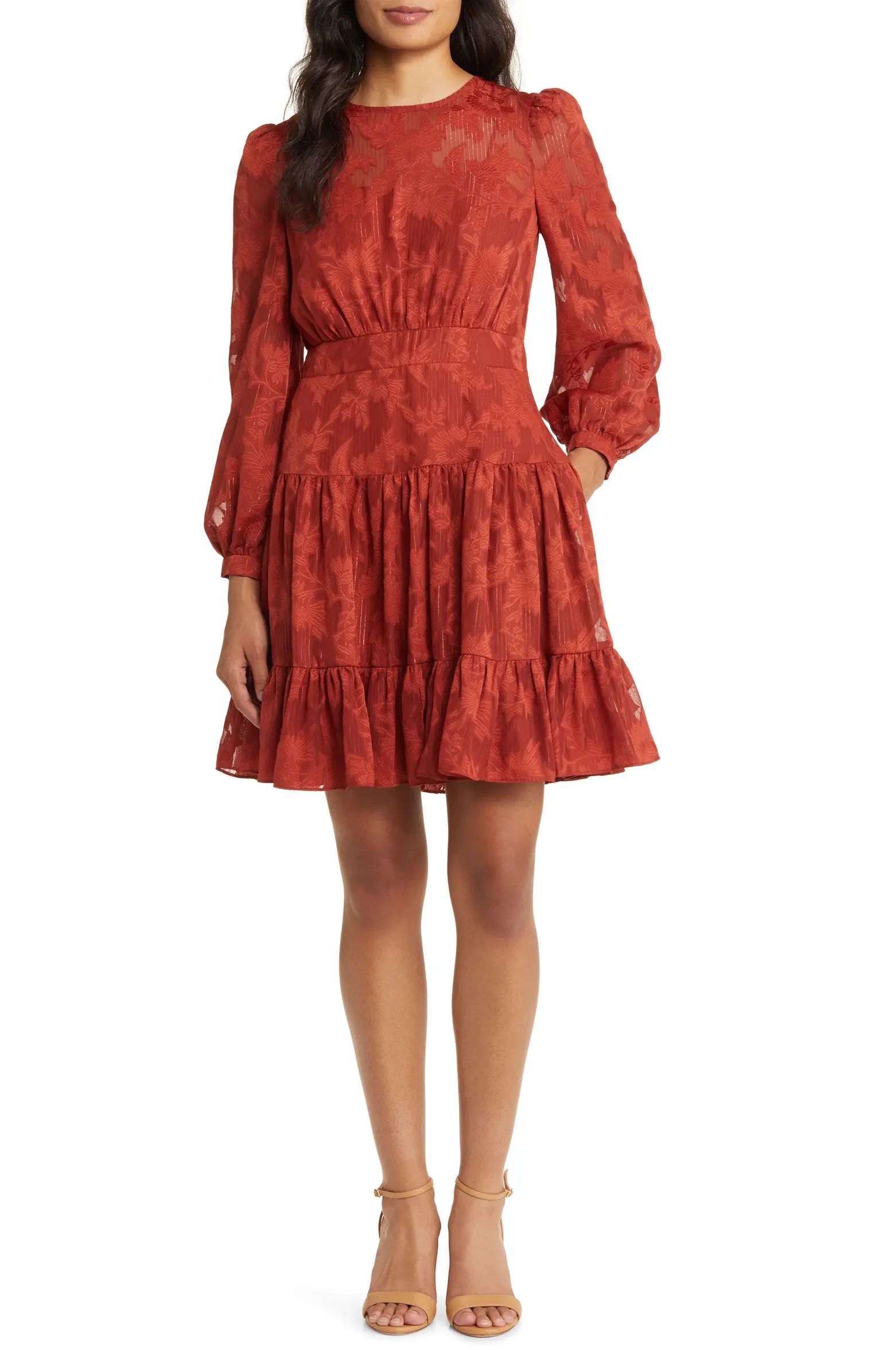 Eliza J Metallic Stripe Floral Jacquard Long Sleeve Chiffon Dress | Nordstrom | Nordstrom