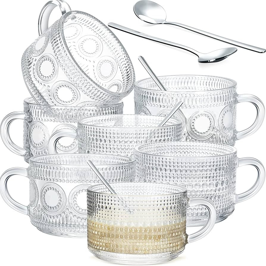 6 Pcs Vintage Glass Coffee Mugs with Handle 14 oz Embossed Glass Coffee Cups with 6 Pcs Spoons, S... | Amazon (US)
