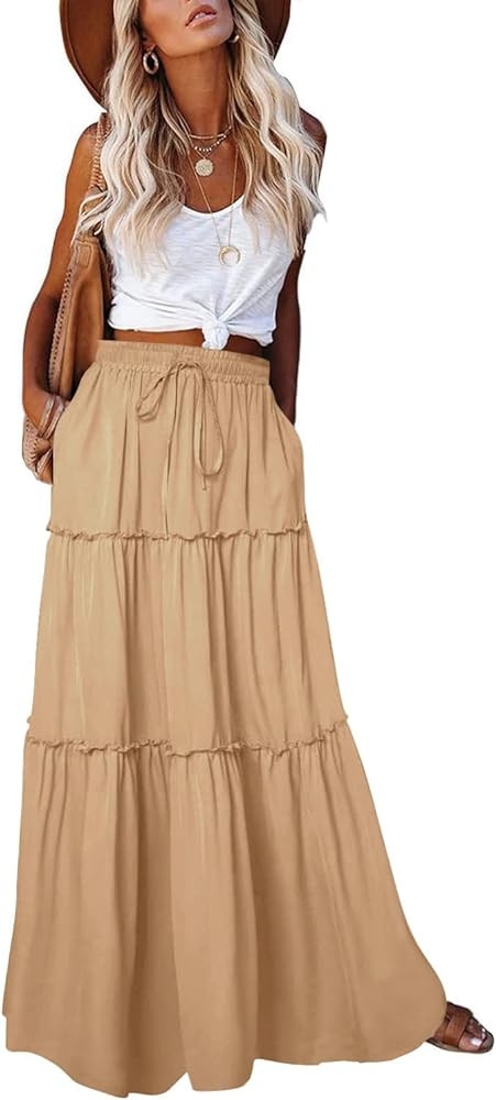 Women's 2024 Summer Skirt High Waist Flowy A Line Boho Skirt Maxi Skirt with Pockets | Amazon (US)
