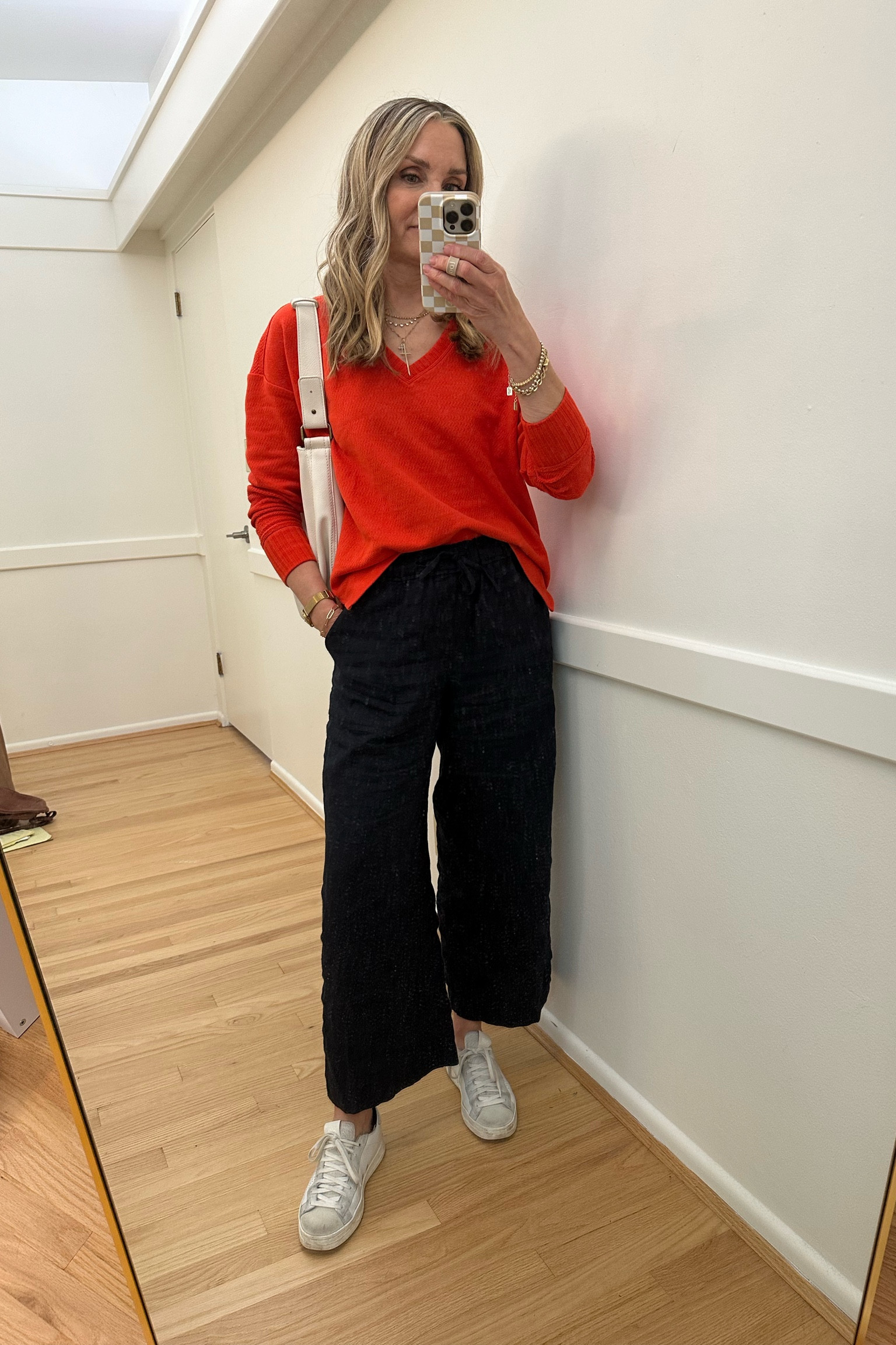 Weekend run around outfit. Cabi red vneck Terry sweatshirt in xs, splendid crop wide leg linen pants in dark navy. Travel outfit, vacation outfit  

#LTKStyleTip #LTKOver40 #LTKTravel