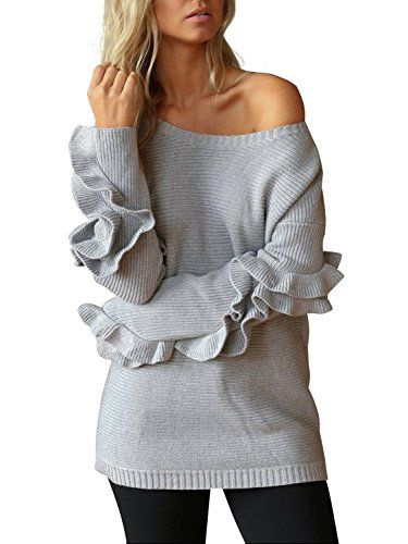 Simplee Apparel Women's Loose Crewneck Ruffles Long Sleeve Sweater Jumper Grey | Amazon (US)
