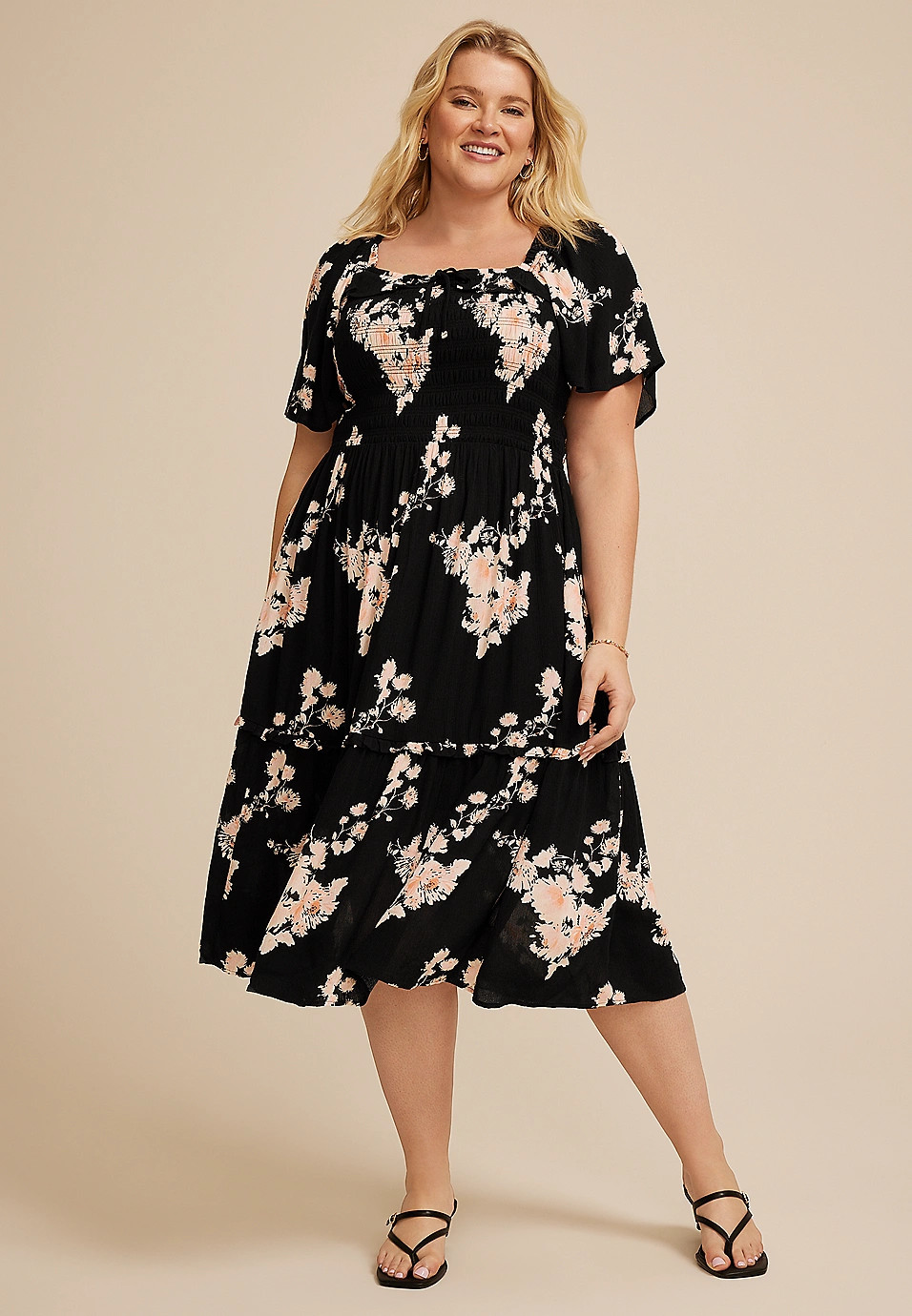 Plus Size Floral Smocked Flutter Sleeve Midi Dress | Maurices