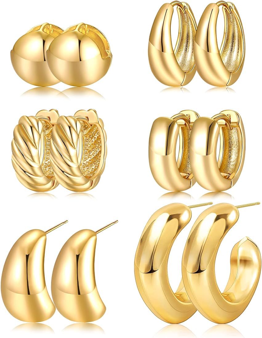 Gold Hoop Earrings Set for Women, 14K Gold Plated Small Thick Hoops Earrings Pack, Chunky Gold Ea... | Amazon (US)