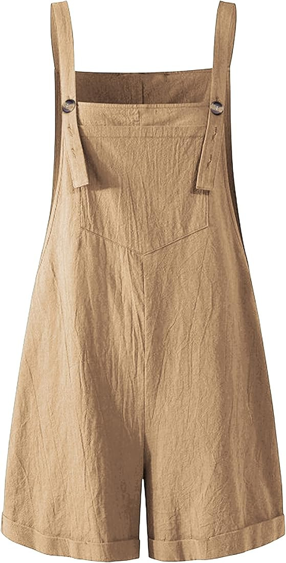 Qiaomai Womens Casual Cotton Linen Overalls Summer Bib Shortalls Rompers with Pockets | Amazon (US)