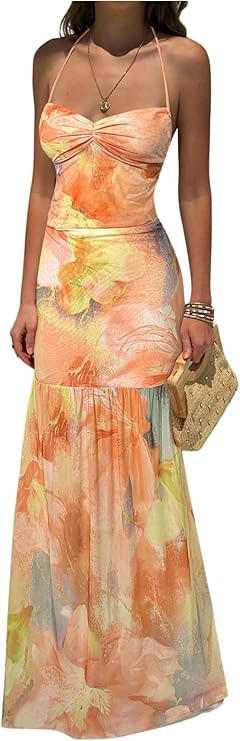 Floerns Women's Floral Mesh Halter Backless Boho Maxi Dress Spaghetti Strap Vacation Long Dresses | Amazon (US)